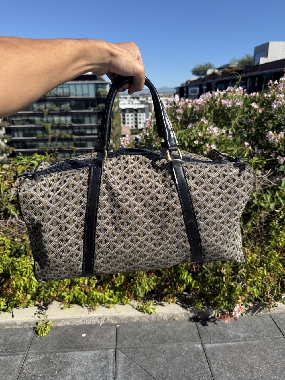 Vintage Goyard Boston Duffle Bag Woven Chevron Canvas Leather Travel Rare